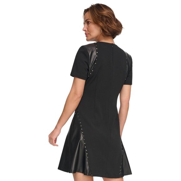 NWT DKNY Womens Short Sleeve Leather Detail Flare Sheath Dress DD3J1489 Black 10 - Picture 2 of 11